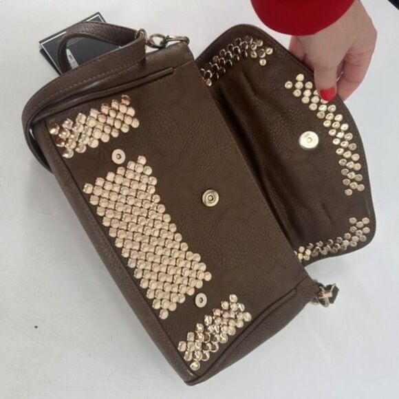 NWT MMS Design Studio Brown & Gold Studded vegan leather Crossbody shoulder Bag - Picture 7 of 15